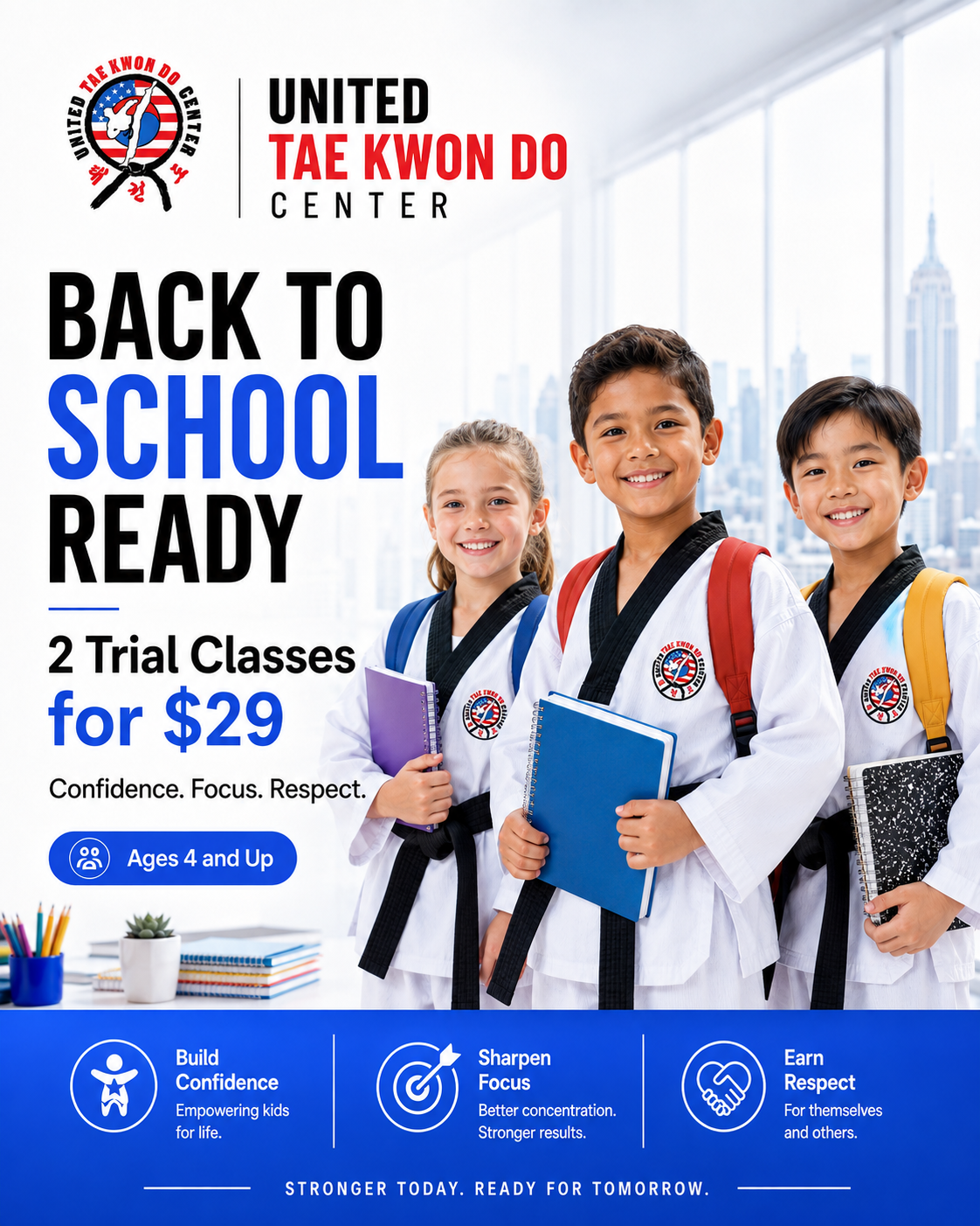 Back To School Offer taekwondo poster featuring diverse students and a $29 trial offer