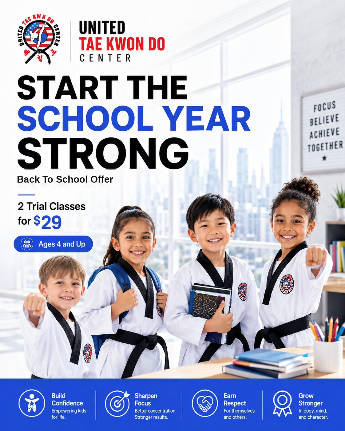 Back To School Offer taekwondo poster featuring diverse students with school-year messaging and a $29 offer