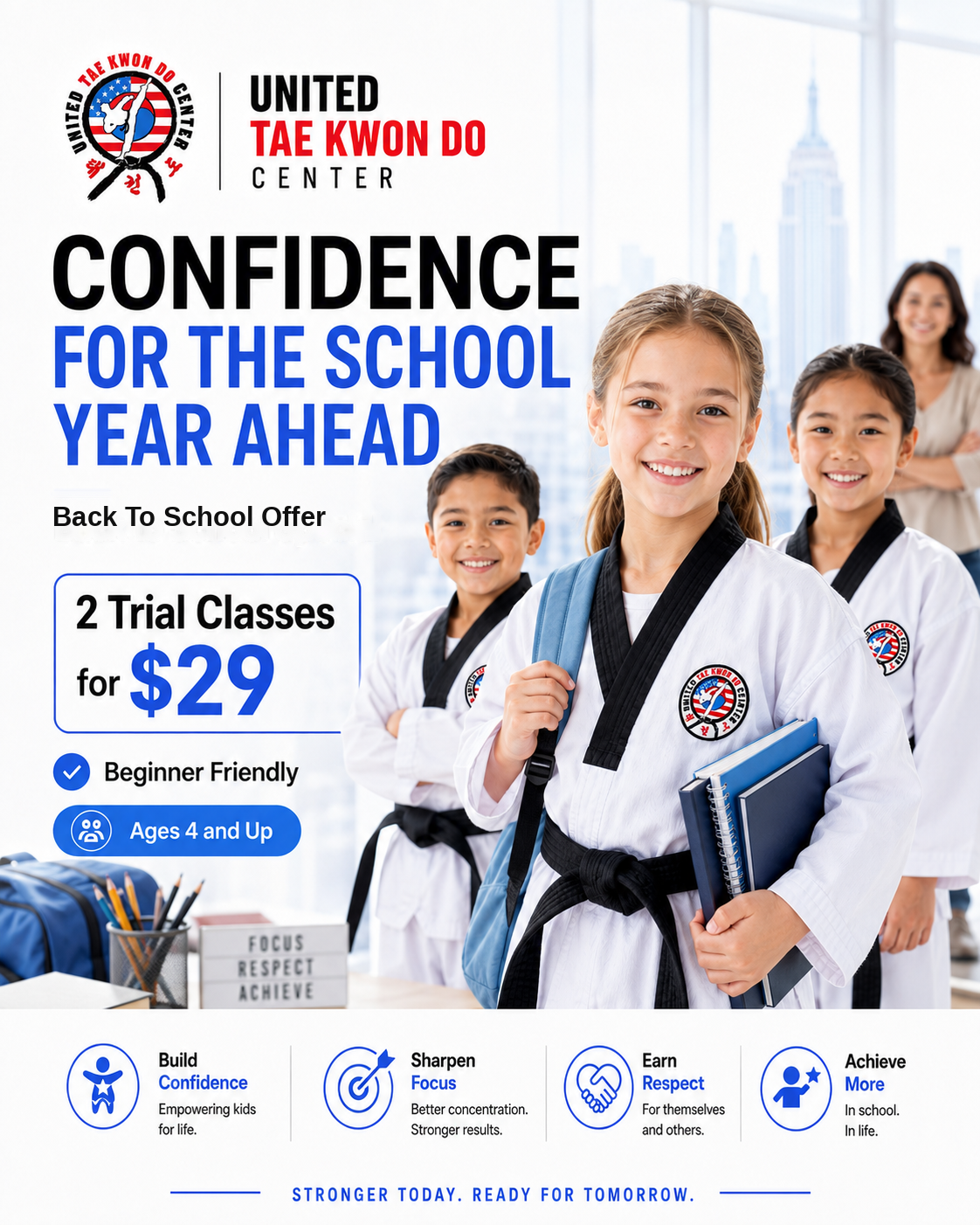 Back To School Offer taekwondo confidence poster featuring diverse students and a $29 introductory offer
